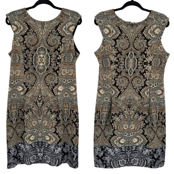 Vintage Dress Barn Sleeveless Shift Dress 14 Brown Gray Paisley Medallion Print - Picture 1 of 12